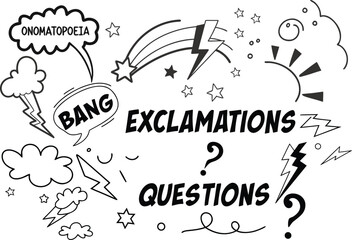 Hand drawn set of comics bombs and explosions. Speech bubbles with words pow, wow, bang and boom. Vector doodle illustration