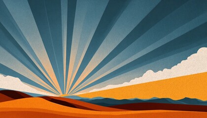 Abstract Representation Of A Desert Scene With A Radiant Skyburst, Featuring Unique Stylistic Elements And Artistic Interpretation Of Nature.
