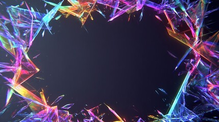 Geometric shards form a glowing, iridescent border surrounding a dark central void, suggesting shattered light