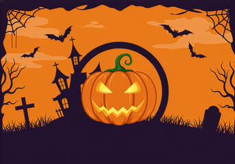 Spooky Halloween background with glowing pumpkin, haunted house, bats, and full moon &mdash; perfect design for party invitations, flyers, banners, and seasonal decorations