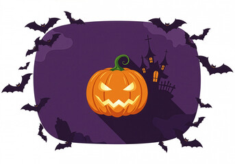 Spooky Halloween background with glowing pumpkin, haunted house, bats, and full moon &mdash; perfect design for party invitations, flyers, banners, and seasonal decorations