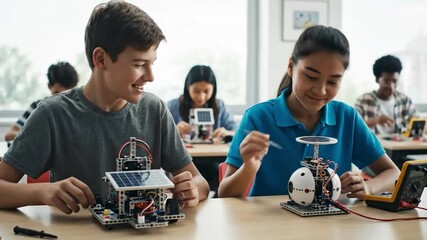 Two students working on robotic projects in a classroom, celebrating World Science Day for peace and development with technology and innovation.