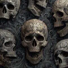 Intricate ornate metallic skulls with baroque patterns evoke macabre elegance and dark luxury for artistic projects