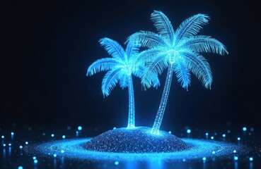 Digital island displays glowing wireframe palm trees. This virtual paradise evokes escape, dreams. Cyber tropical resort concept with blue neon lights suggests future travel tech, exotic holidays.