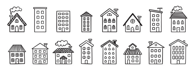 House building with roof doodle hand drawn icon set. Outline drawing house building with roof line clipart symbol collection