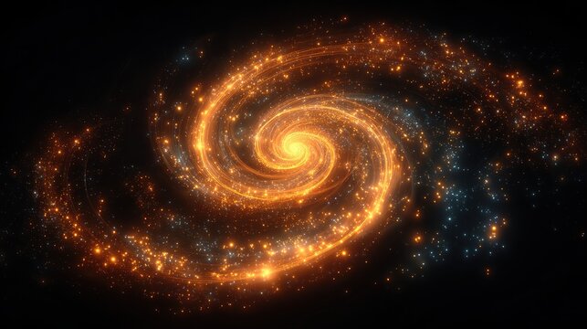 Swirling galaxy of gold and blue-tinged lights on a black background, creating a spiral pattern