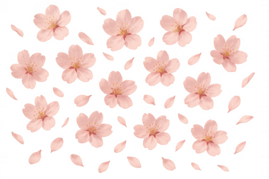 Pink cherry blossom flowers and falling petals forming a seamless pattern, spring nature transparent background
