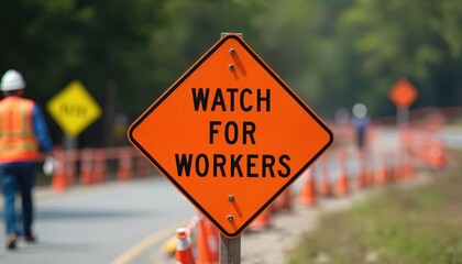 Bright orange road sign warns drivers about construction. Watch for workers text is clear. Roadwork ahead with safety cones. Construction worker is in background. Caution and awareness are key