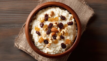 Delicious Rice Pudding With Nuts And Raisins Served In A Bowl On The Table. Overhead Shot In Horizontal View. Rich In Flavors.