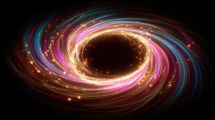 A swirling vortex of colorful, glowing trails forms a ring against a black void, with sparks
