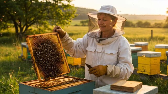 Woman beekeeper inspecting a full honeycomb in an apiary with active beehives for honey production footage.