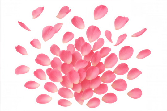 Many delicate pink rose petals falling down, scattering for a loving, romantic, or celebratory concept. Transparent background