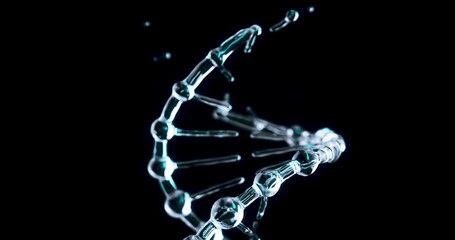 Animated Genetic Spiral Made of Glass Molecules with a Light Blue Glow, Appearing and Rotating on a Black Background.