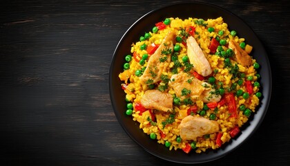 Delicious Spanish Paella With Chicken And Vegetables Served On A Plate. Top-Down View In A Horizontal Orientation. Perfect For Lunch Or Dinner.