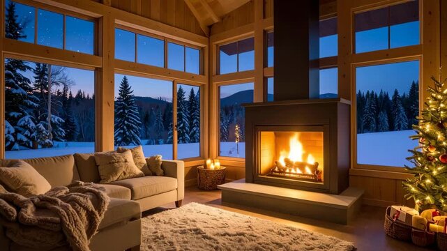Cozy living room interior with fireplace and Christmas tree against snowy forest backdrop at twilight creates warm and inviting winter scene