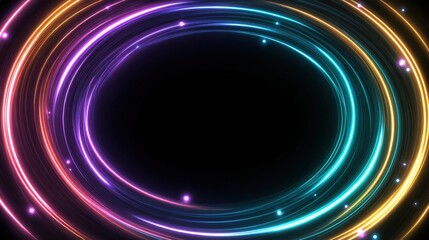 A black void framed by concentric, glowing neon circles in vibrant hues, with scattered sparkles