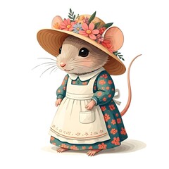 Vector image with a little mouse in a dress and a kitchen apron and a hat with flowers on her head.