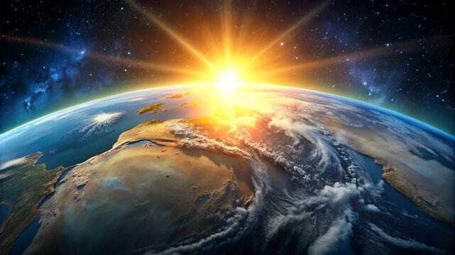 Majestic Earth Sunrise From Space With Starry Nebula And Glowing Sun Rays Over Continents And