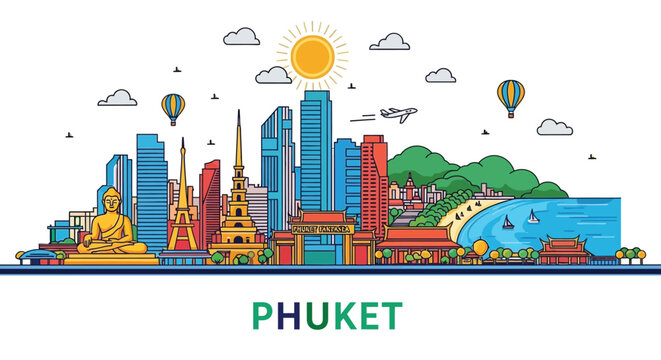 Phuket Cityscape Illustration with Landmarks and Beach View in Vector Format