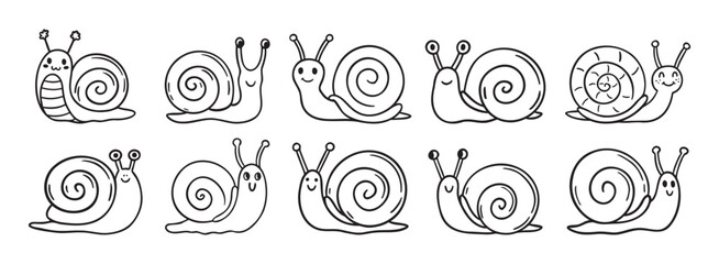 cute snail icon doodle hand drawn set. Outline happy snail character with smile line drawing clipart symbol collection
