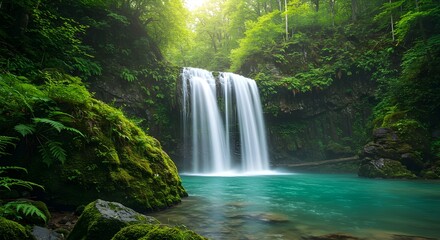 Obraz premium A stunning waterfall flowing into a turquoise pool surrounded by lush green forest. Perfect for travel and nature concepts.