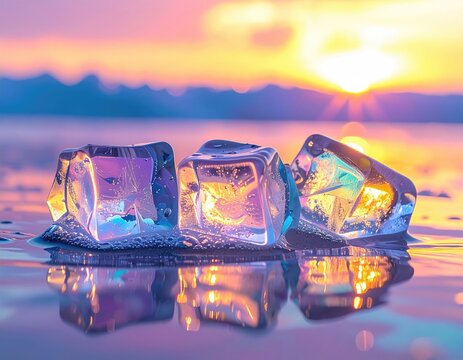 Ice cubes melt on a wet surface with a vibrant sunset