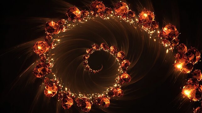 An abstract spiral of glowing amber gems and light streaks against a dark background, creating depth - Powered by Adobe