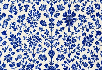 Blue Pottery Inspired Block Print with Floral and Geometric Motifs