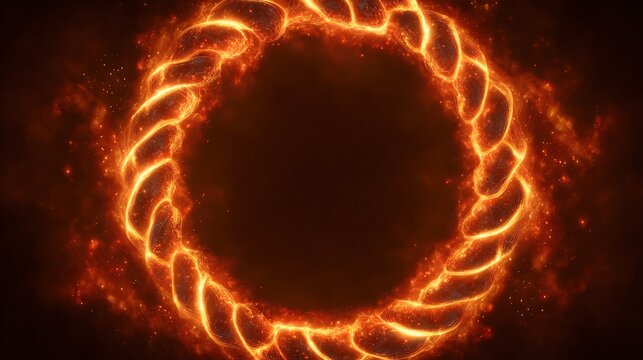 A fiery, glowing, braided ring floats against a dark, hazy background, emitting embers and smoke