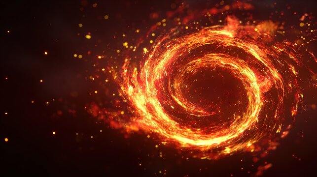 A glowing, fiery vortex of swirling energy against a dark red background, with scattered particles