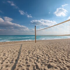Sandy beach with volleyball net and turquoise ocean under a cloudy blue sky