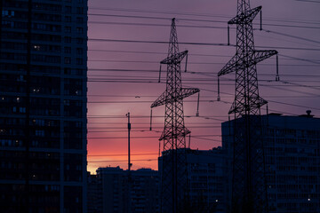 power lines at sunset in Saint-Petersburg Russia