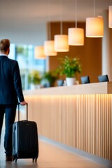 Business traveler checking in at hotel front desk with suitcase, modern interior and hospitality service concept