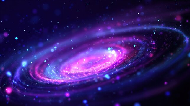 A swirling galaxy of vibrant purples and pinks, speckled with glowing particles against a deep blue backdrop