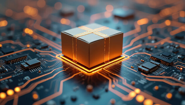 Small package box sits on glowing circuit board. Futuristic digital logistics and smart supply chain concept. Advanced technology integration for global shipping and delivery.