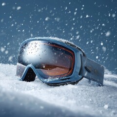 Close up of blue ski goggles resting in fresh snow with falling snowflakes creating a winter atmosphere