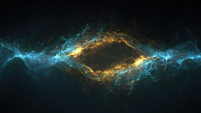 An abstract, diamond-shaped vortex of glowing blue and gold particles against a dark, blurred backdrop