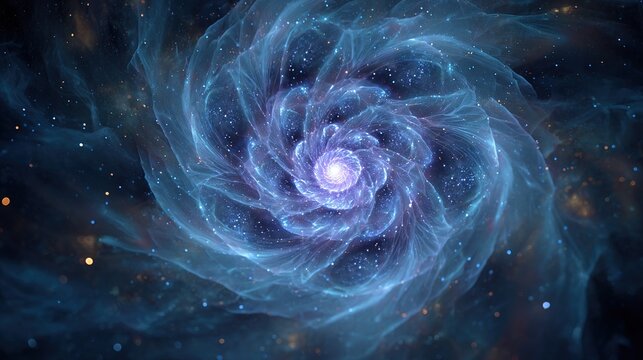 A swirling, ethereal spiral of light and energy dominates a cosmic backdrop of stars