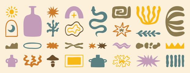 Boho antique set with jugs stars and moon, hand drawn