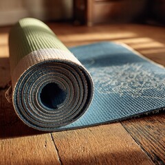 Rolled up yoga mat on a wooden floor bathed in warm sunlight ready for practice