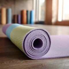 Rolled up yoga mat with colorful stripes on a wooden floor near a window