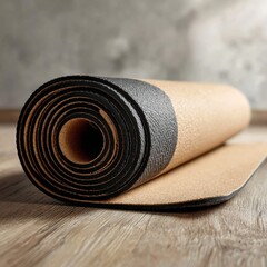 Rolled up roll of black waterproofing membrane material with brown paper backing on a wooden surface