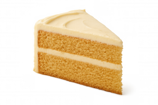 Vanilla layer cake slice with creamy frosting, sweet dessert piece on transparent background