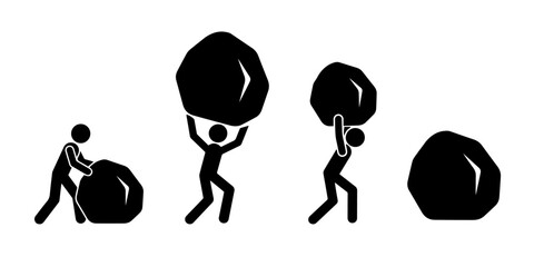 Silhouette of stickman lifting and pushing heavy rock icon, hard work pictogram, challenge and effort concept, perseverance and strength symbol, teamwork and struggle illustration, vector design. © Ezra