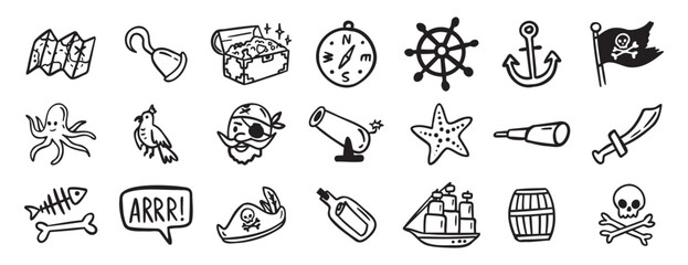 pirate adventure and sea elements. ship, coins, bottle, anchor doodle hand drawn icon set. Outline drawing pirate sea adventure line clipart symbol collection