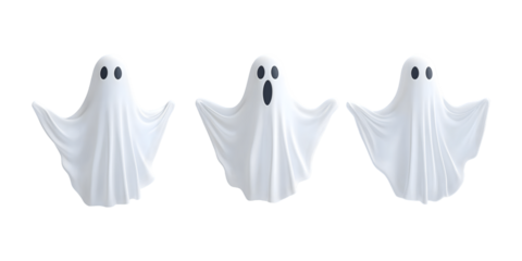 Collection of floating ghost figures made from white sheets with black eyes on transparent background