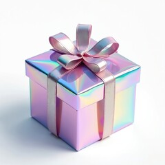 Obraz premium Holographic gift box with pink ribbon bow on white background. Elegant colorful iridescent present shows pastel color spectrum, bright shine. Modern surprise item for celebration, party, birthday.