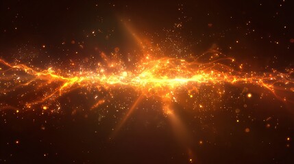 Glowing, fiery energy stream splits across frame, with sparks & light particles, set against dark background