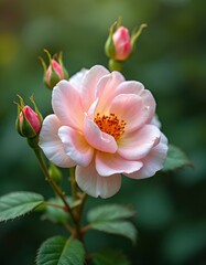 Obraz premium Fresh musk rose blooms with soft pink petals and buds. Green blurred bokeh background. Floral nature background. Natural backdrop. Rosa moschata in a garden. Spring floral wallpaper.