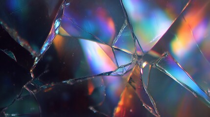 Close-up of fractured transparent material refracting light into a kaleidoscope of vibrant colors
